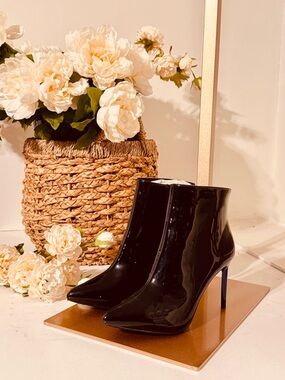 BCBG Black Patent Pointed Stiletto Ankle Booties